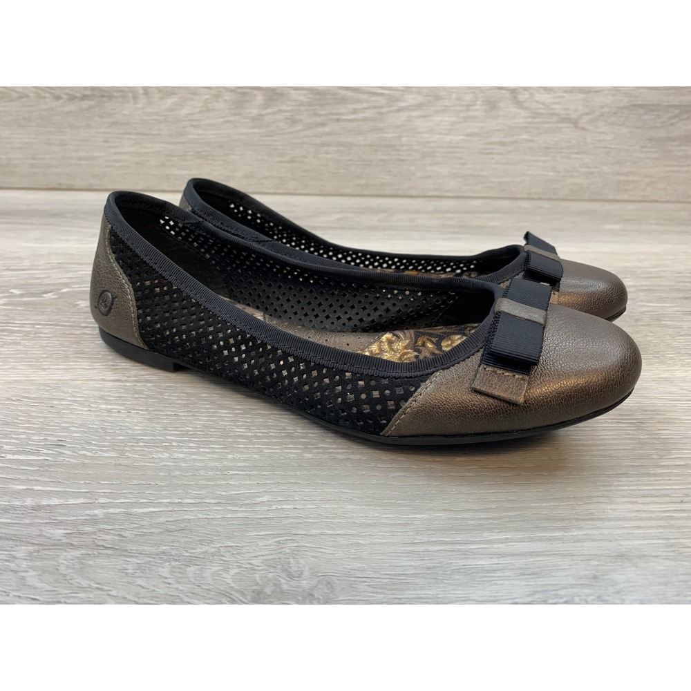Born Ballet Flats Women's 6.5 Metallic Bronze Black Perforated Bow Shoes